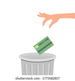 Hand throws a credit card into the trash can. Vector illustration, flat cartoon color design, eps 10.