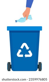 Hand throws crumpled plastic bottle into the blue Bin with recycling symbol for plastic waste. Garbage sorting. Vector illustration for zero waste, environment protection concept