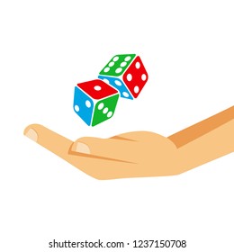 Hand Throws Up The Dice. Man Rolling A Dice. Flat Design