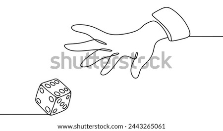 A hand throws a dice onto the table surface. A man makes a move in a board game. Line illustration on a white background. 