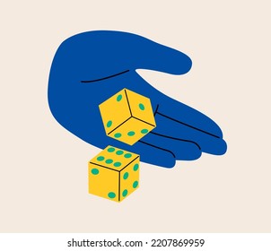 Hand throws dice. Throwing dice. Gambler concept. Playing in hand. Colorful vector illustration
