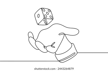 The hand throws the dice up. Standard six-sided die for various board games. Simple line illustration for different uses.