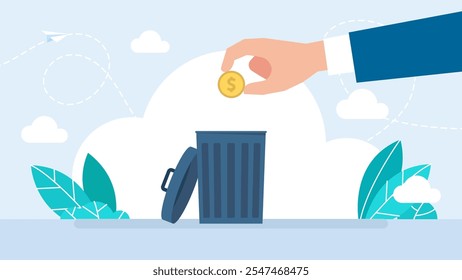 The hand throws dollar coin into the trash can. Flat cartoon design. Hand throwing dollar USD currency away trash can toss. Gold dollar coins fall into the trash can. Vector illustration