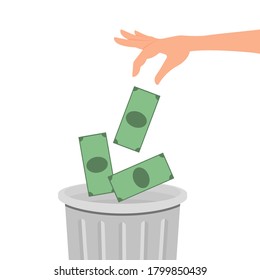 The hand throws dollars into the trash can. Vector illustration, flat cartoon design, isolated on white background, eps 10.