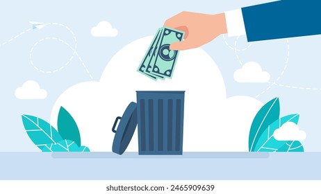 The hand throws dollars into the trash can. Throw away money. Cash in trash can. Throw currency in trash. Flat cartoon design. Vector illustration