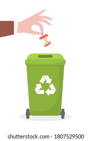 The hand throws the garbage into the container. Ecology and recycle concept. Vector illustration.