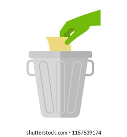 The hand throws garbage, garbage, garbage into the trash can. Do not litter. Vector illustration. EPS 10.