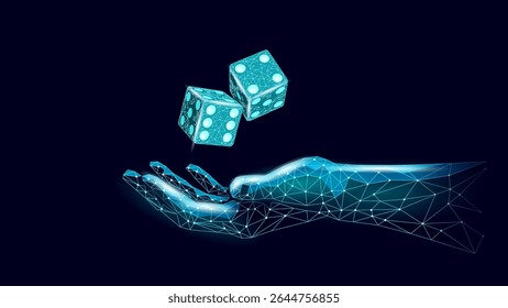 Hand throws glowing dice cubes. Low poly polygon luck risk entertainment concept. Gambling casino games betting prediction business. Dark blue background blue polygon vector