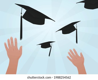 Hand throws graduation cap. vector