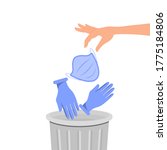 A hand throws a medical mask and gloves into the urn. Vector illustration, flat cartoon color design, eps 10.