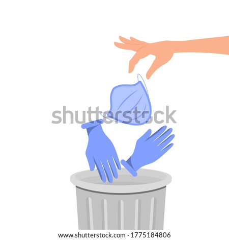 A hand throws a medical mask and gloves into the urn. Vector illustration, flat cartoon color design, eps 10.