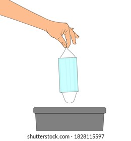 The hand throws the medical mask into the trash can. Vector illustration in cartoon style