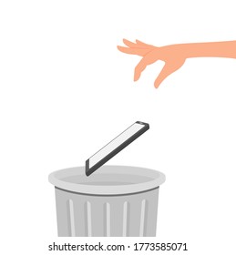 A hand throws a mobile phone into the trash can. Vector illustration, flat cartoon color design, eps 10.