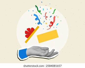 A hand throws up an open gift box with a bow with confetti flying out of it. Modern collage style. Vector illustration