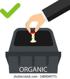 A hand throws organic waste into a trash can. Man's hand throws garbage into the trash can correctly.