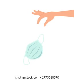 Hand throws out a medical mask. Concept: quarantine completed, safe zone. Vector illustration, flat cartoon design, eps 10.