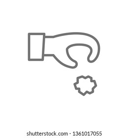 Hand throws out trash, garbage, waste line icon.