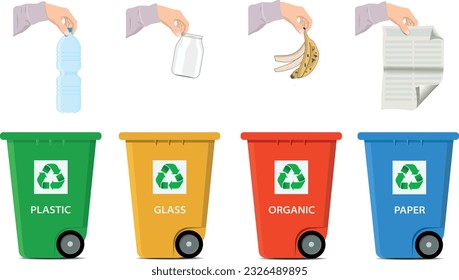 Hand throws plastic bottle, glass jar, banana peel, sheet of paper into the trash cans isolated on white. Separate waste collection. Vector illustration infografic. Garbage and trash recycling