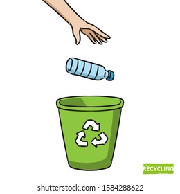 Hand throws a plastic bottle in trash bin for plastic garbage vector illustration. Recyclable plastic things concept.
