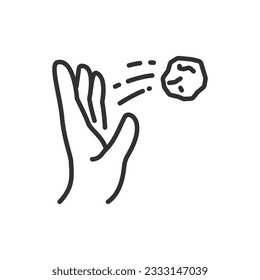 Eine Hand wirft einen Stein, ein lineares Symbol. Linie mit bearbeitbarem Hub