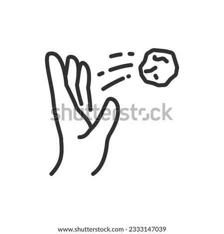 A hand throws a rock, linear icon. Line with editable stroke