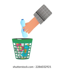 The hand throws the used PET bottle into the trash can.