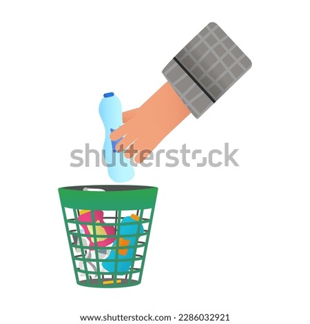 The hand throws the used PET bottle into the trash can.