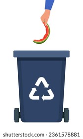 Hand throws watermelon rind into the black Bin with recycling symbol for organic waste. Garbage sorting. Vector illustration for zero waste, environment protection concept