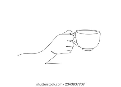 A hand thrusts out a cup of coffee. International coffee day one-line drawing