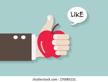 Hand thumb up with apple vector cartoon.