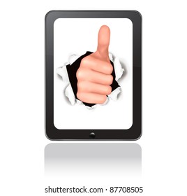  Mano con el pulgar rompiendo el touchpad. Ilustración conceptual del éxito. Vector.