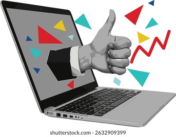 A hand with a thumb up comes out of a laptop monitor. 