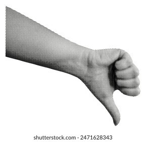 hand with thumb down dislike gesture not ok symbol isolated on white background retro halftone grunge punk dotted collage element for mixed media design pop art style arm object