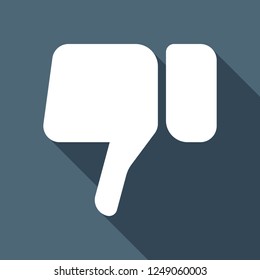 Hand with thumb down, dislike icon. White flat icon with long shadow on blue background