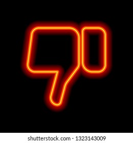 Hand with thumb down, dislike icon. Orange neon style on black background. Light icon