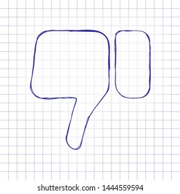 Hand with thumb down, dislike icon. Hand drawn picture on paper sheet. Blue ink, outline sketch style. Doodle on checkered background