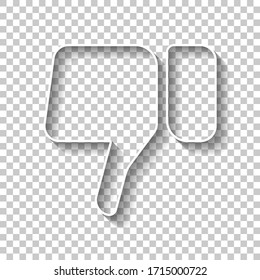 Hand with thumb down, dislike icon. White outline sign with shadow on transparent background