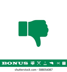 Hand thumb down, dislike icon flat. Green pictogram on white background. Vector illustration symbol and bonus button