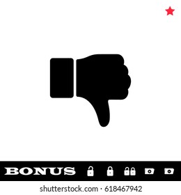 Hand thumb down, dislike icon flat. Black pictogram on white background. Vector illustration symbol and bonus button open and closed lock, folder, star