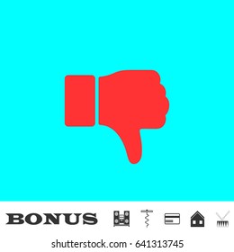 Hand thumb down, dislike icon flat. Red pictogram on blue background. Vector illustration symbol and bonus buttons Music center, corkscrew, credit card, house, drum