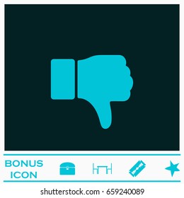 Hand thumb down, dislike icon flat. Blue pictogram on dark background. Vector illustration symbol and bonus icons