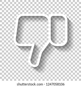 Hand with thumb down, dislike. Linear outline icon. White icon with shadow on transparent background