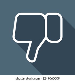 Hand with thumb down, dislike. Linear outline icon. White flat icon with long shadow on blue background