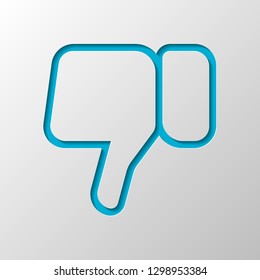 Hand with thumb down, dislike. Linear outline icon. Paper design. Cutted symbol with shadow