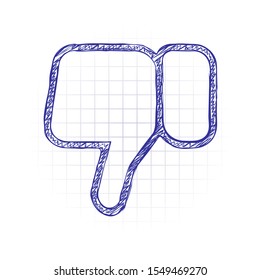 Hand with thumb down, dislike. Linear outline icon. Hand drawn sketched picture with scribble fill. Blue ink. Doodle on white background