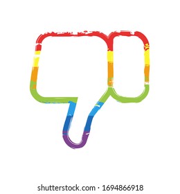 Hand with thumb down, dislike. Linear outline icon. Drawing sign with LGBT style, seven colors of rainbow (red, orange, yellow, green, blue, indigo, violet