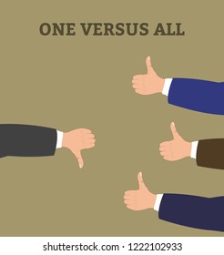 Hand with thumb down gesture against three hands with thumb up (opposition feedback). Concept of one versus all. Vector illustration.