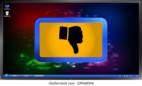 Hand with thumb down icon on the screen monitor. Made vector illustration