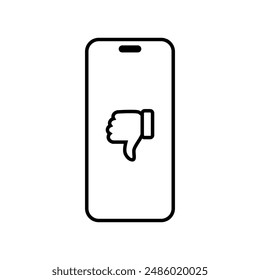 Icono de pulgar hacia abajo en la pantalla del smartphone. No me gusta el concepto de dedo en la pantalla del teléfono