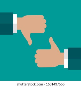 Hand with thumb up and down on blue background. yeas and no, pros and cons, like and dislike, negative and positive symbol. Vector illustration. mark, vote, grade,  compare. Versus concept